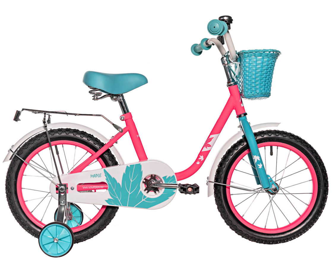 Велосипед NOVATRACK 16" MAPLE, неоново- розовый, полная защита цепи, тормоз нож.,крыл, багажн, пер.к