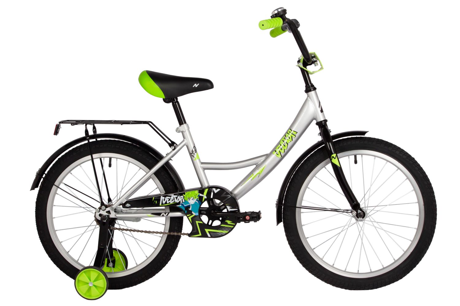 Велосипед NOVATRACK 20", VECTOR, серебристый, тормоз нож., крылья и багажник чёрн., защита цепи 203V