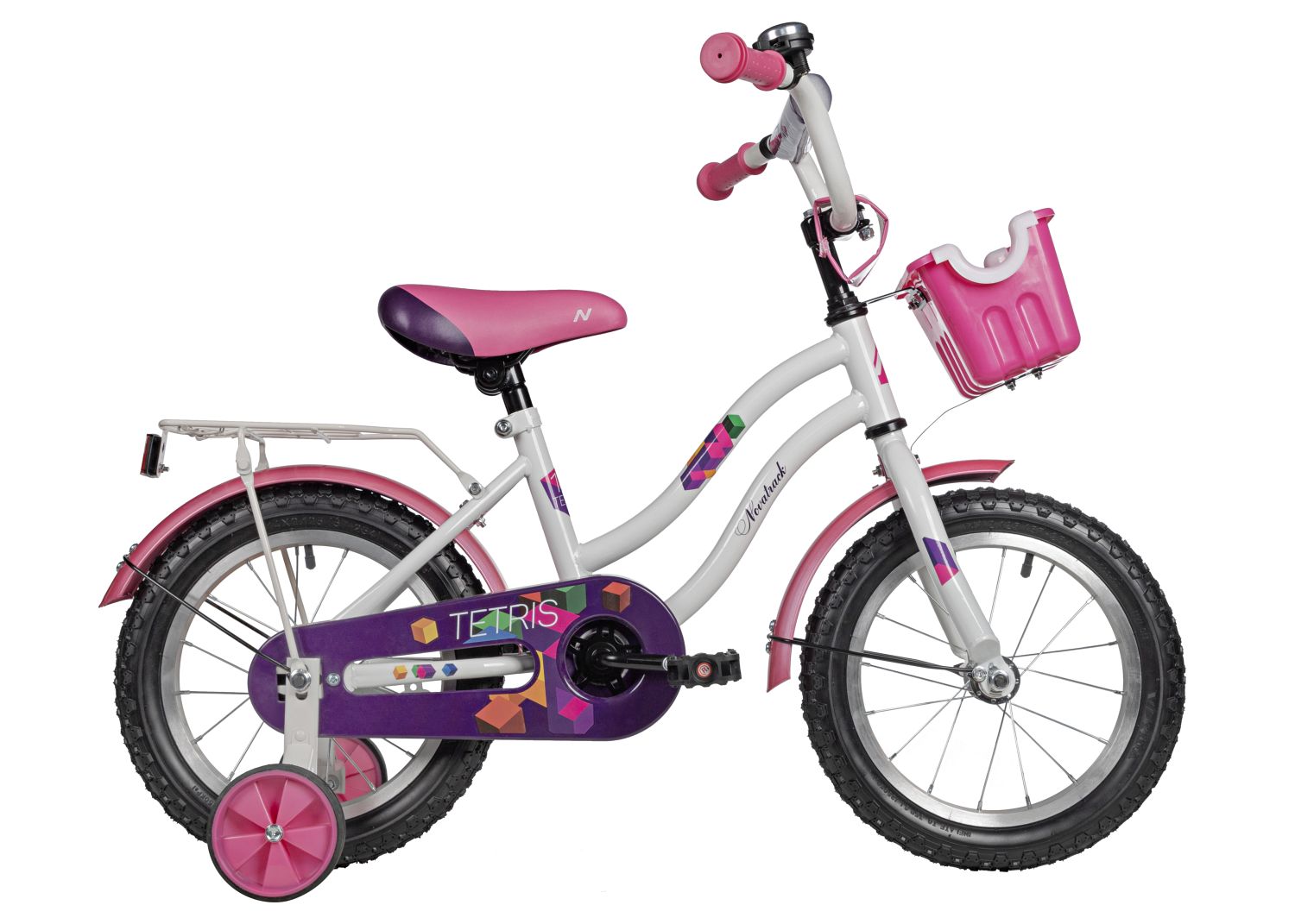 Велосипед NOVATRACK 14" TETRIS белый, тормоз нож, крылья цвет, багажник, корзина, полная защ.цепи 14