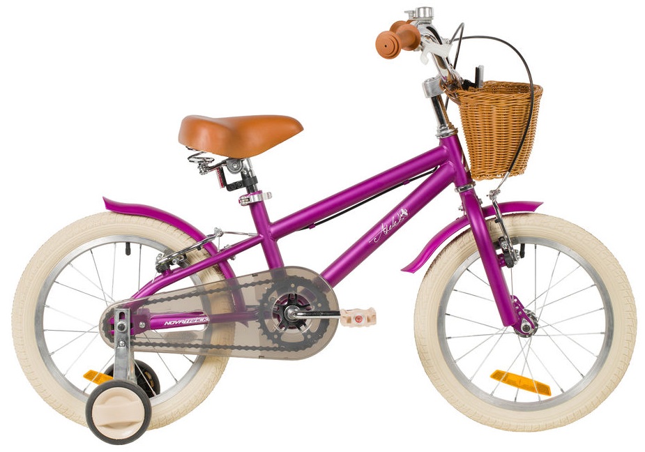 Велосипед NOVATRACK 16" ADELE, сталь, пурпурный, полная защита цепи, ручной передний и задний тормоз, крылья, пер.корзина 163ADELE.PR6