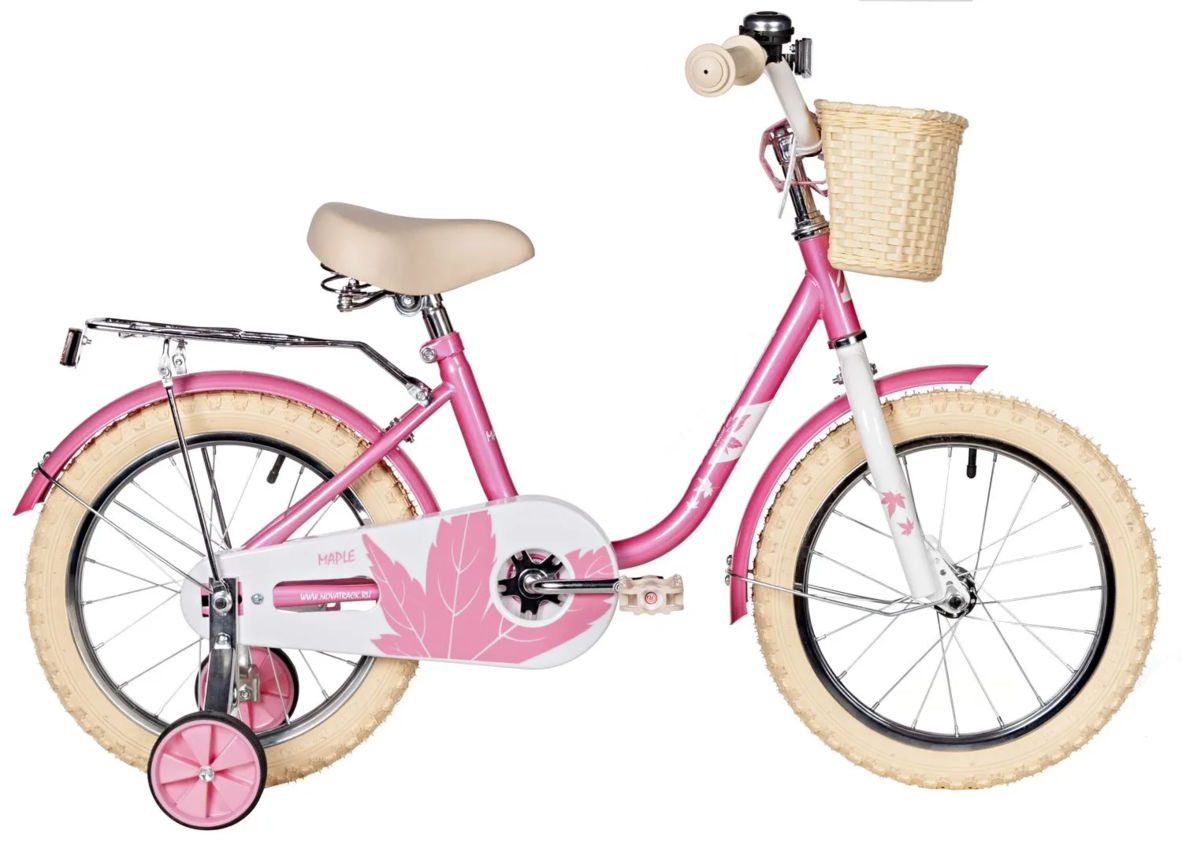 Велосипед NOVATRACK 16" MAPLE, розовый, полная защита цепи,тормоз нож.,крылья, багажник, пер.корзина