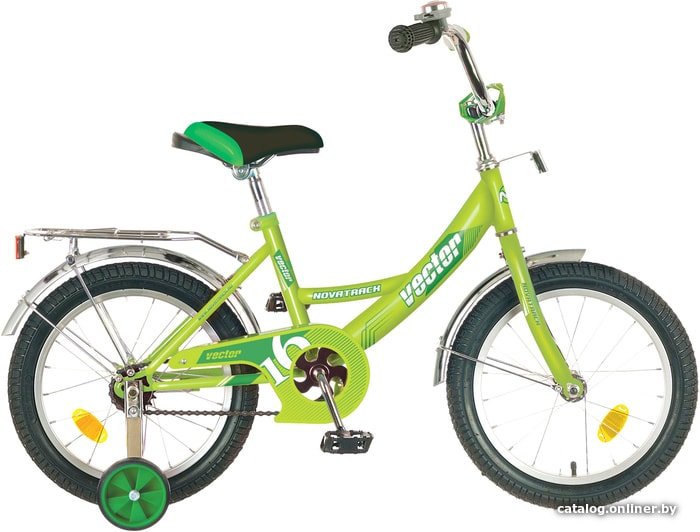 Велосипед NOVATRACK 16" VECTOR салатовый, тормоз нож, крылья, багажник, защита А-тип