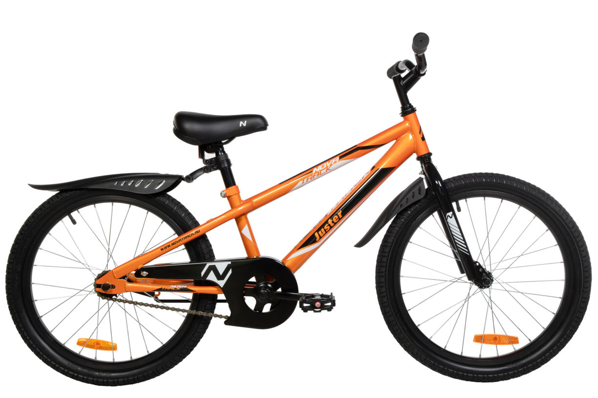 Велосипед NOVATRACK 20", JUSTER,  оранжевый, тормоз ножной, защита  А-тип, пластиковые крылья 205JUS