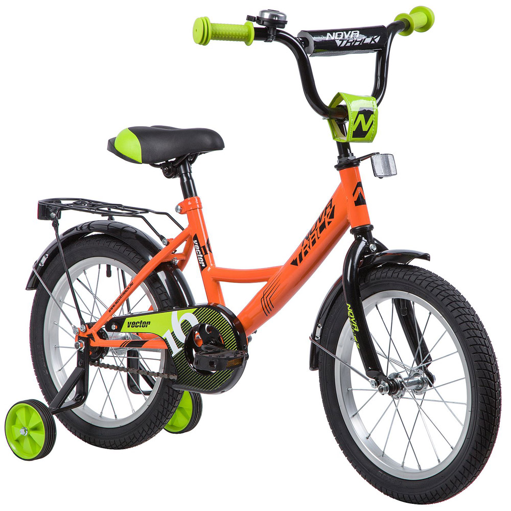 Велосипед NOVATRACK 16" VECTOR оранжевый, тормоз нож, крылья, багажник, защита А-тип