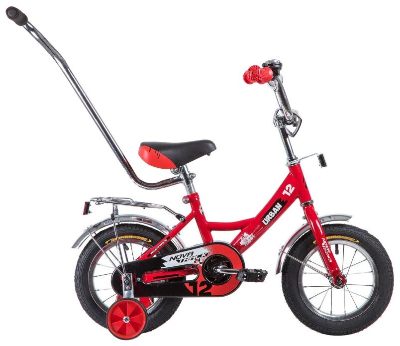 Велосипед NOVATRACK 12", URBAN, красный, полная защита цепи, тормоз нож., крылья и баг хром, упр.руч