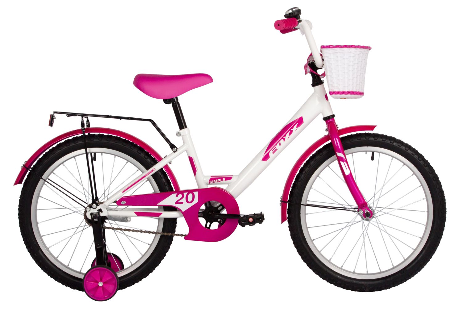 Велосипед FOXX 20" SIMPLE белый, сталь, тормоз нож, крылья, багажник, защ.цепи. передняя корзина 204