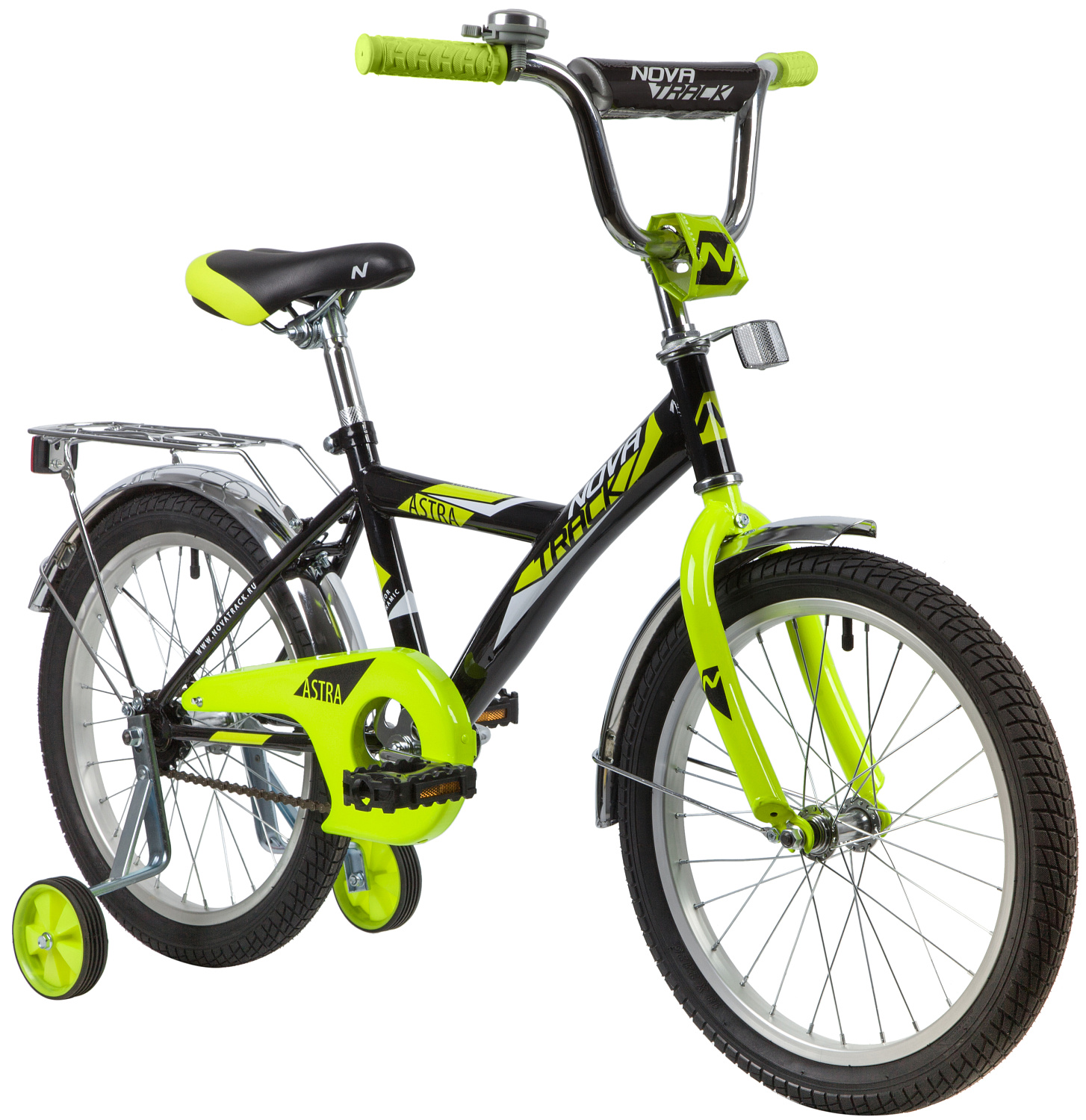 Велосипед NOVATRACK 18" ASTRA чёрный, тормоз нож, крылья и багажник хром, защита А-тип